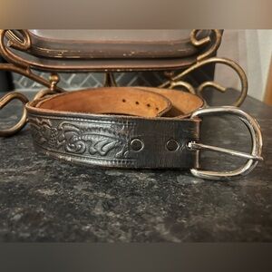 Vintage Tooled Leather Western Belt Silver Double Prong Buckle